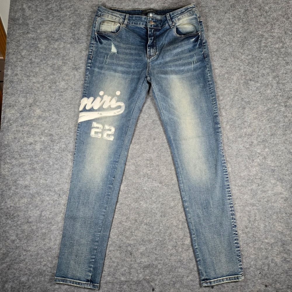 Amiri Mens Blue Varsity Logo Leather Applique Slim Jeans 34